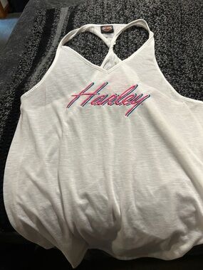 Harley-Davidson White Racerback Tank with Pink & Blue Script